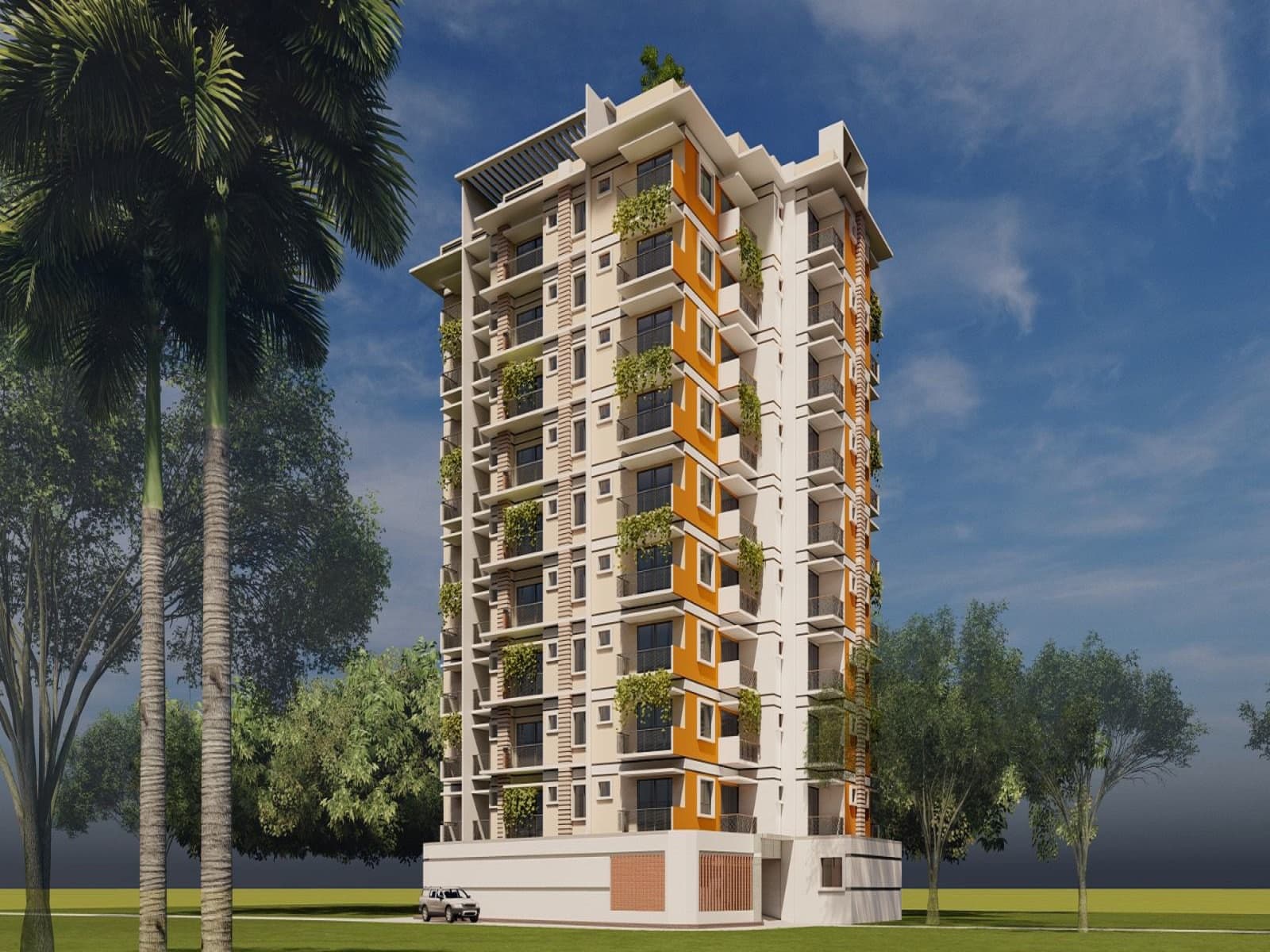 Render of a slender high-rise apartment tower with a cream facade and an orange vertical accent band, balconies trailing greenery, palm trees either side