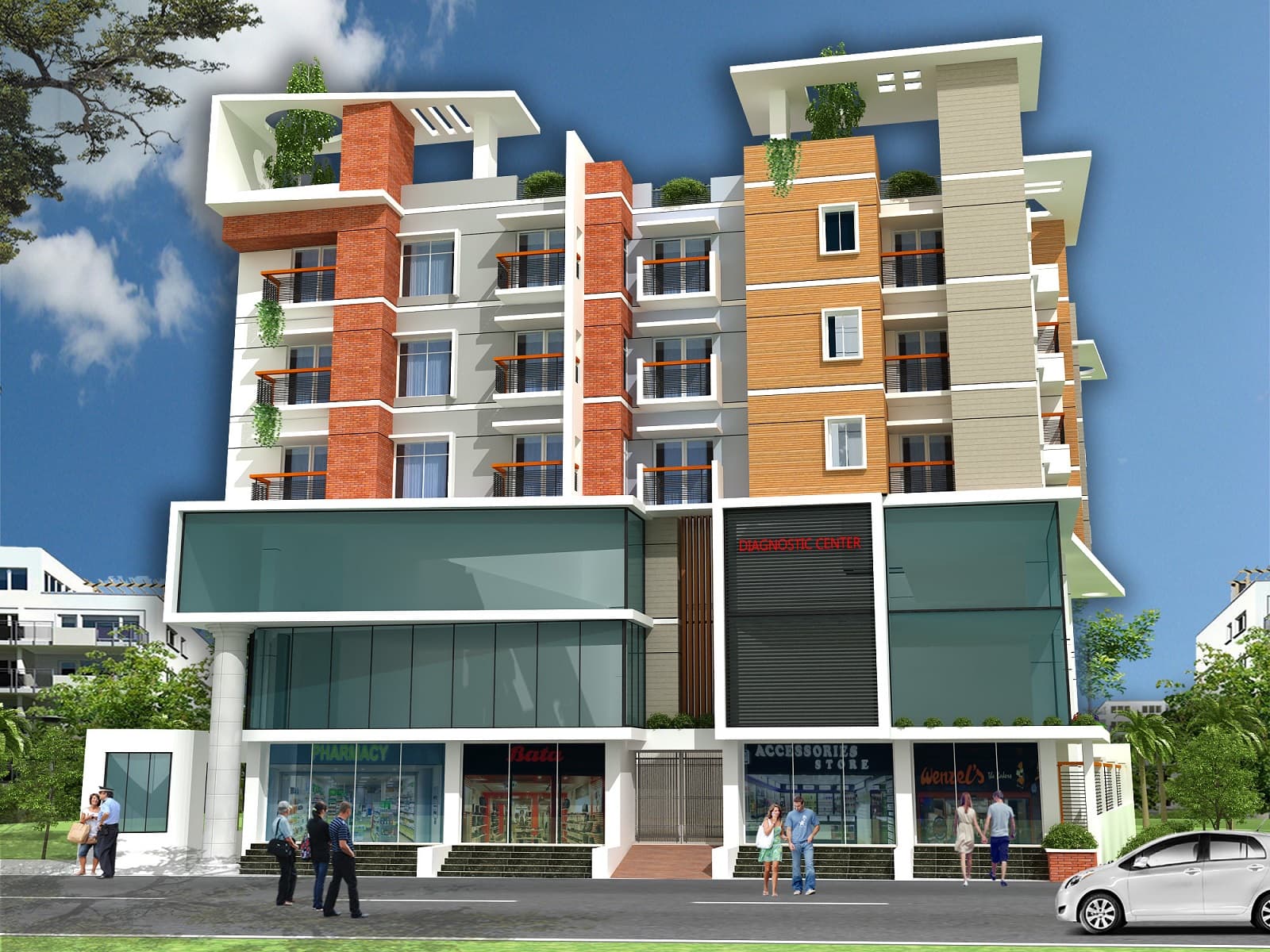 Render of a mixed-use block: ground-floor pharmacy, shoe shop and diagnostic centre beneath five storeys of orange-and-white brick-clad apartments, pedestrians on the street
