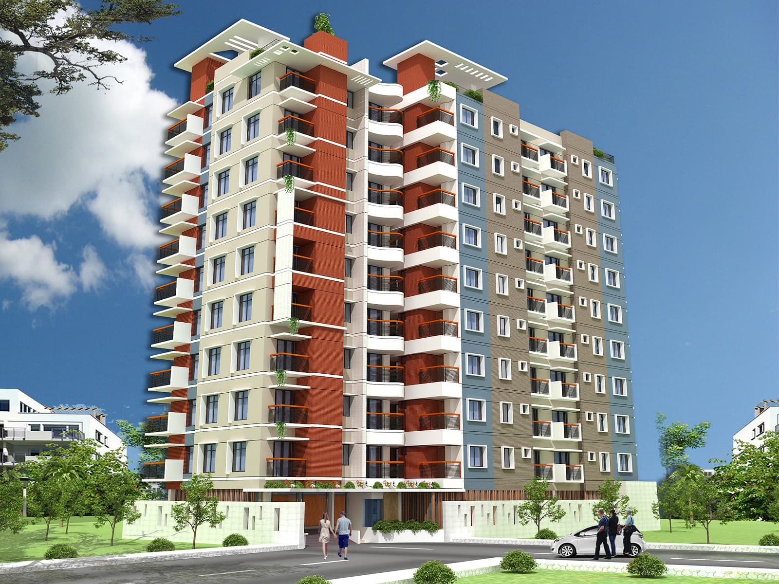 Render of a twin-tone high-rise apartment block, one half terracotta brick and one half blue-grey cladding, glazed retail entrance at street level
