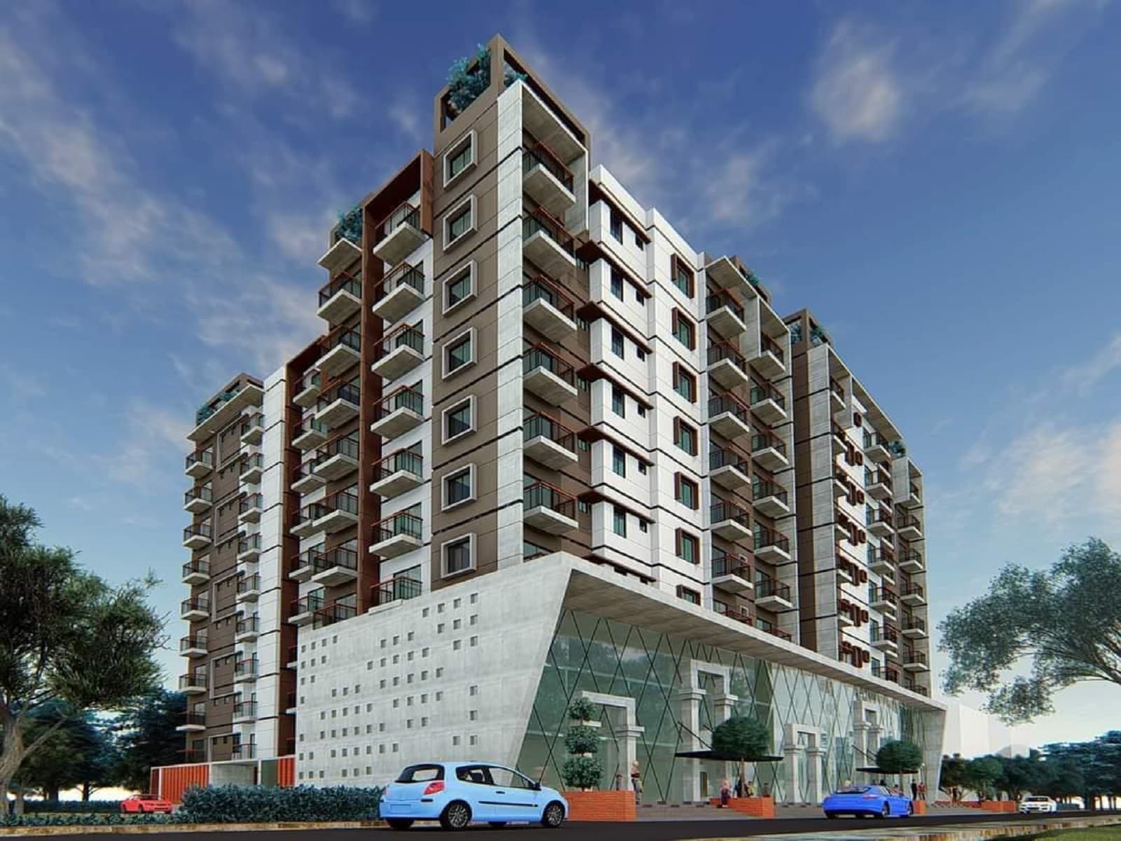 Angled render of a tall apartment block in alternating white and warm-brown balcony bands over a stone-clad podium with a diamond-patterned glass entrance