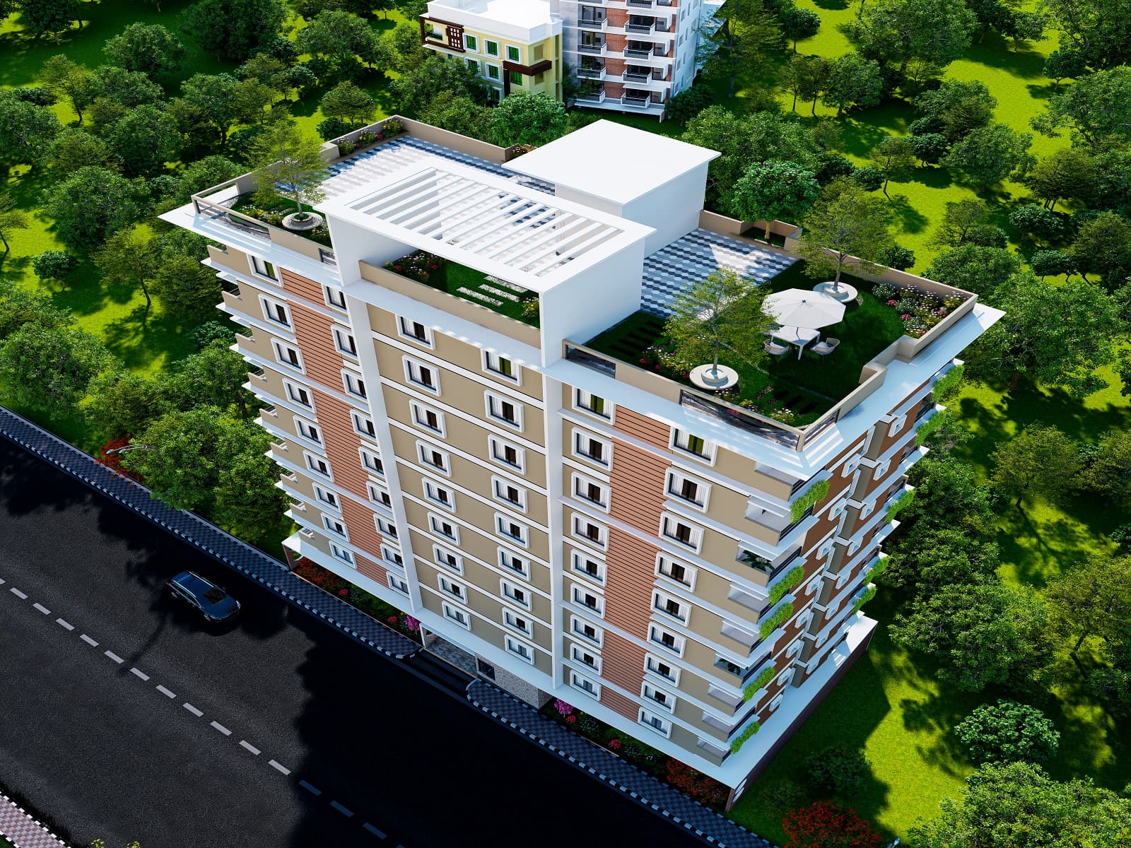 Aerial render of an apartment block's landscaped rooftop terrace, with a pergola, seating and planting above a beige-and-terracotta-striped facade