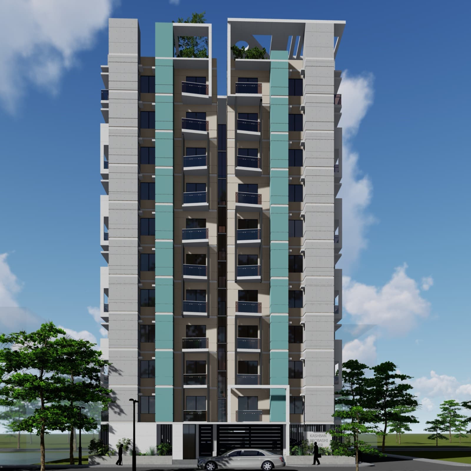 Completed slender apartment tower named Kashban Probashi Tower, cream render with teal vertical accent bands and glass balcony rails, clear blue sky