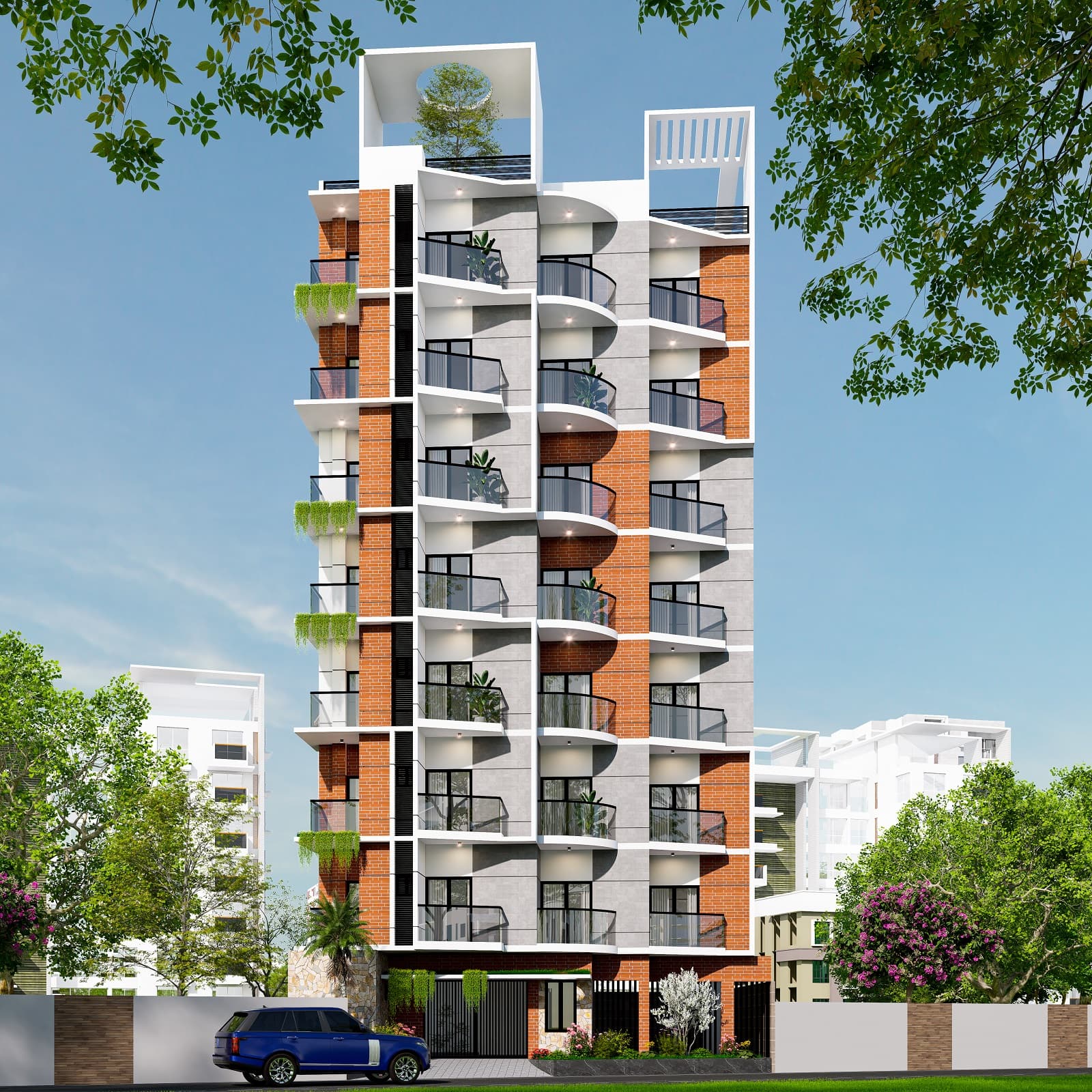 Completed apartment block with a brick-and-grey render facade and curved white balcony fronts, framed by mature street trees under a blue sky