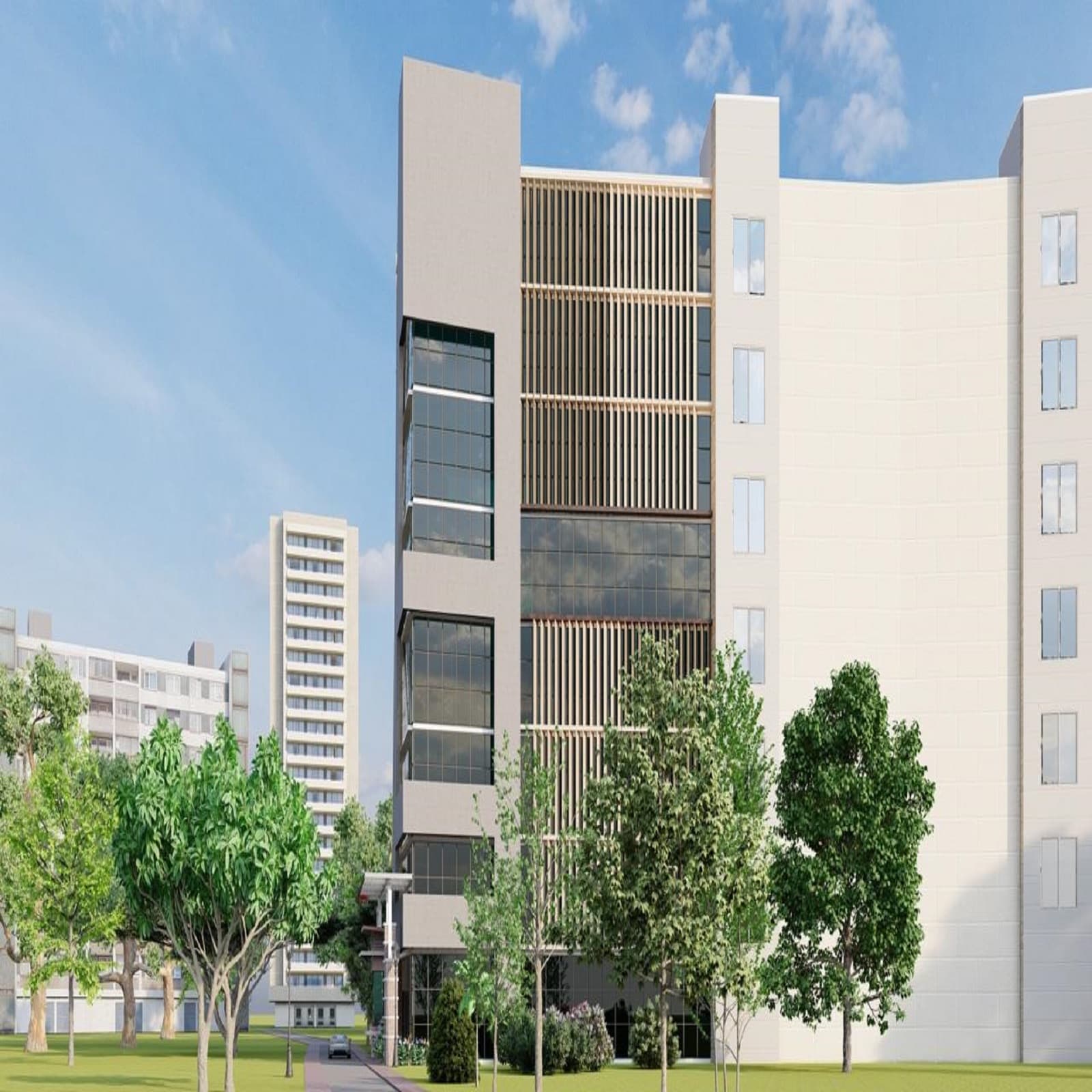 Side elevation of a completed cream-render apartment tower with a vertical timber-louvred bay and full-height glazing, set among other blocks and trees