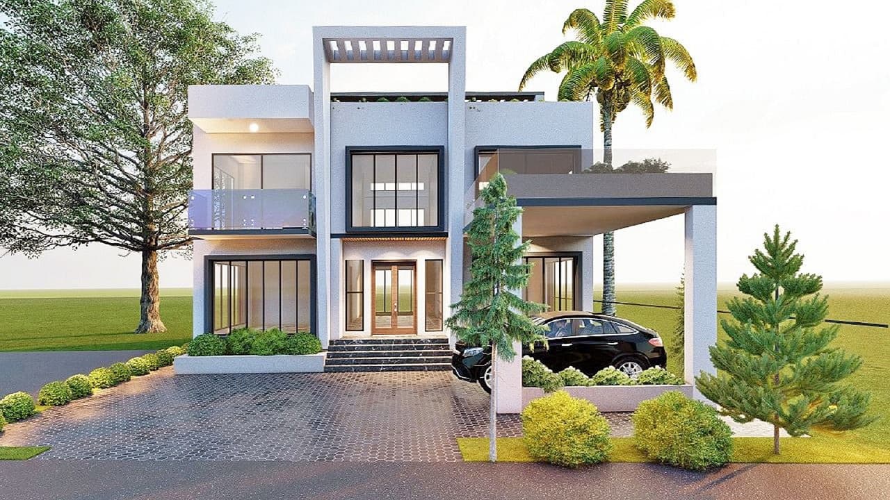 Render of a two-storey white house with black-framed glazing and a covered carport, palm tree beside the driveway, pale daytime sky