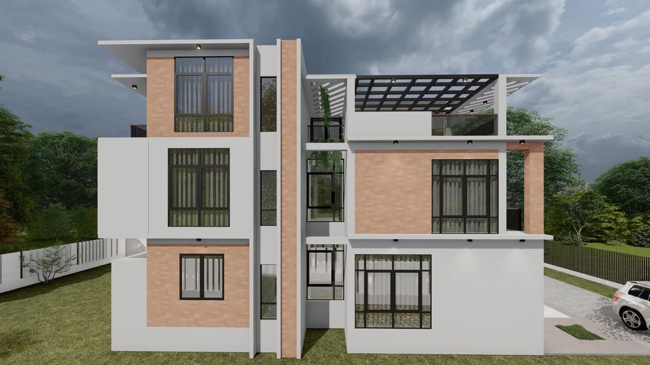 Render of a two-storey house elevation with brick-and-white cladding and a rooftop pergola, seen from the side against a heavy overcast sky