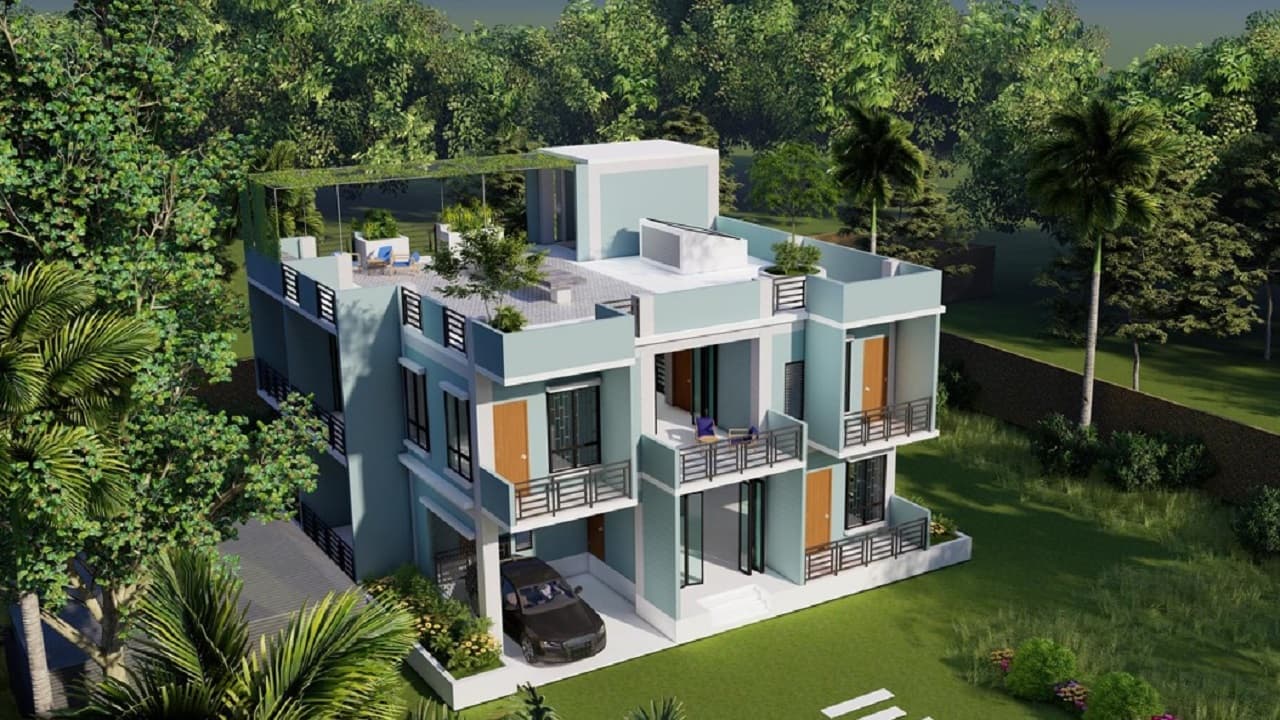 Aerial render of a three-storey pale blue-grey house with a landscaped rooftop terrace, set among mature trees with a car in the driveway