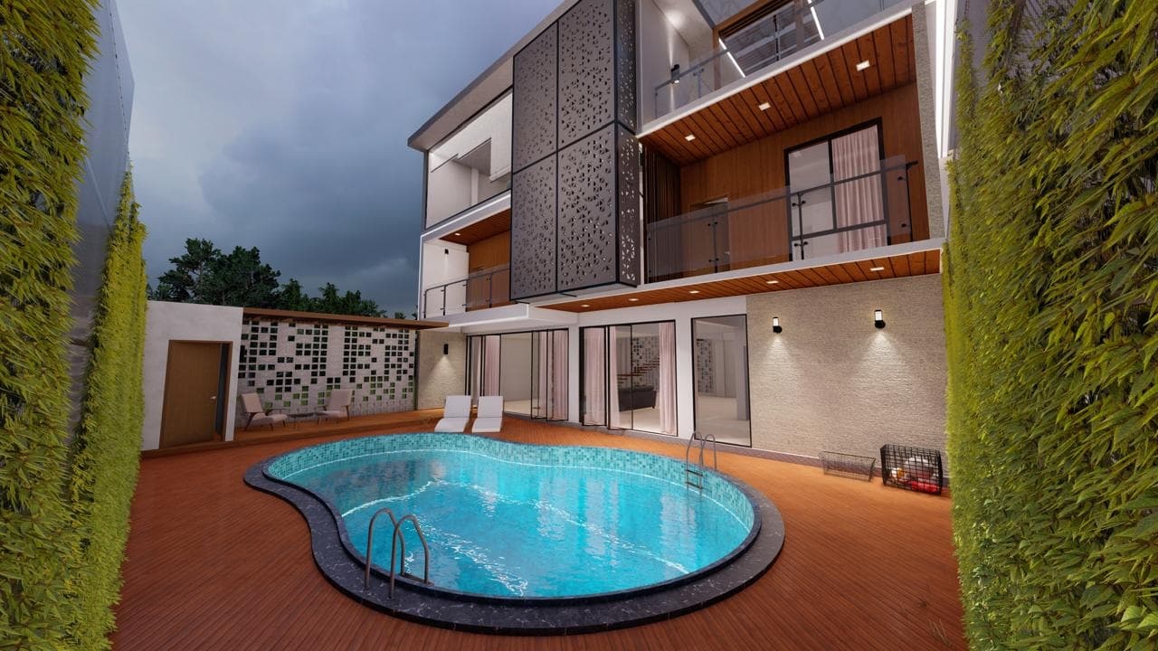 Night render of a three-storey house rear elevation with timber-batten balconies, a perforated metal screen panel, and a lit kidney-shaped pool on the terrace