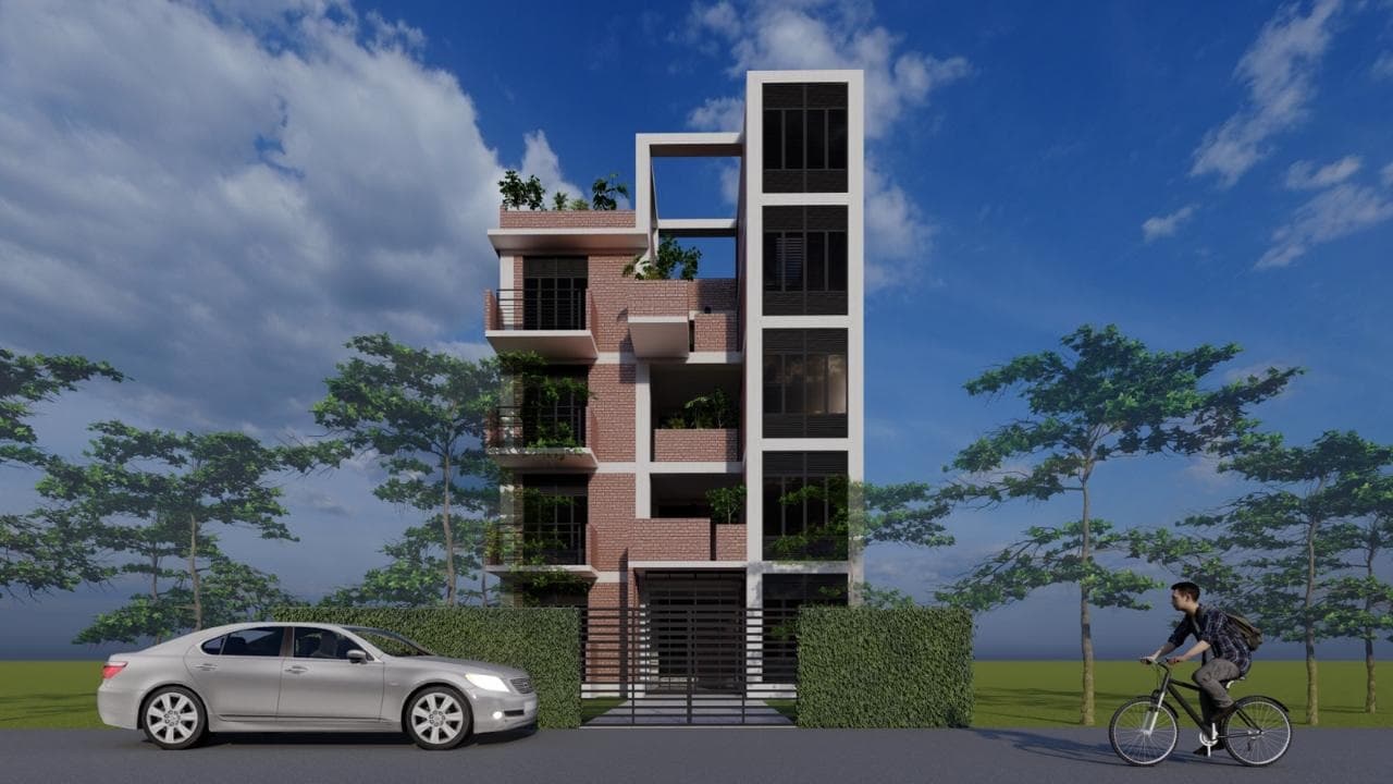 Render of a narrow four-storey brick-clad row house with a glazed stair tower, street-level view with a parked sedan and a passing cyclist